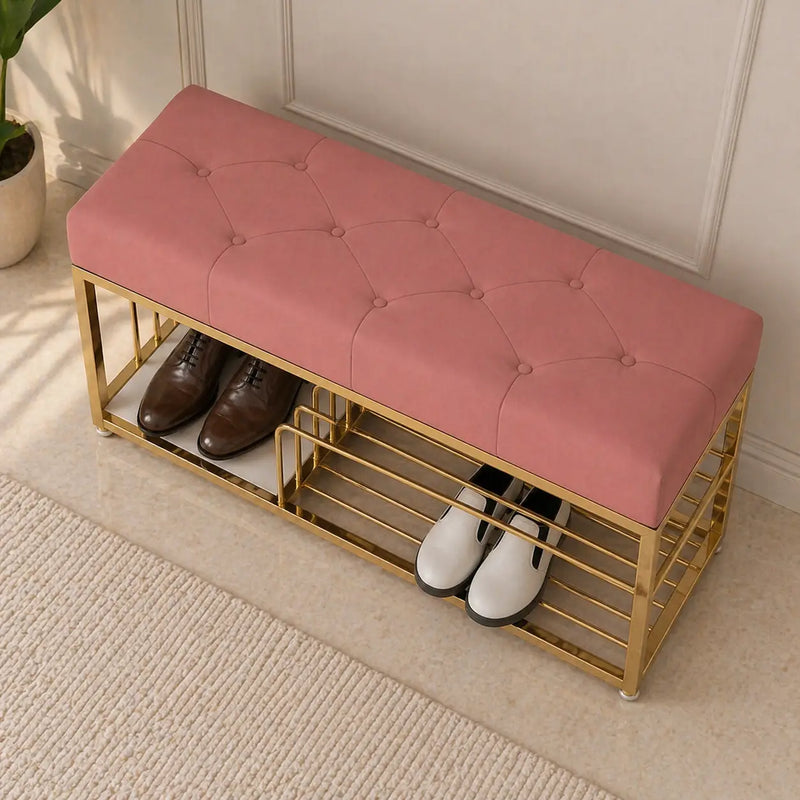 upholstered-pink-velvet-luxurious-golden-shoe-rack-bench-organizer