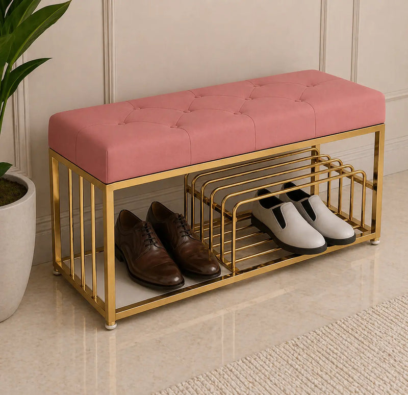 upholstered-pink-velvet-luxurious-golden-shoe-rack-bench-organizer