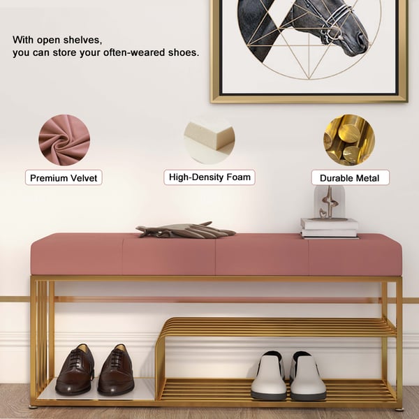 Upholstered Pink Velvet Luxurious Golden Shoe Rack Bench Organizer