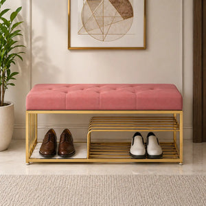 upholstered-pink-velvet-luxurious-golden-shoe-rack-bench-organizer
