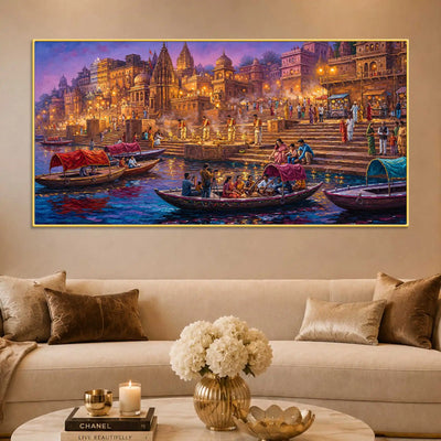 Varanasi Evening Ghat Boat Scene Canvas Painting for Home Decoration