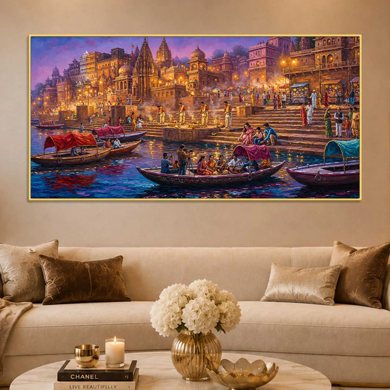 Varanasi Evening Ghat Boat Scene Canvas Painting for Home Decoration