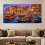 Varanasi Evening Ghat Boat Scene Canvas Painting for Home Decoration