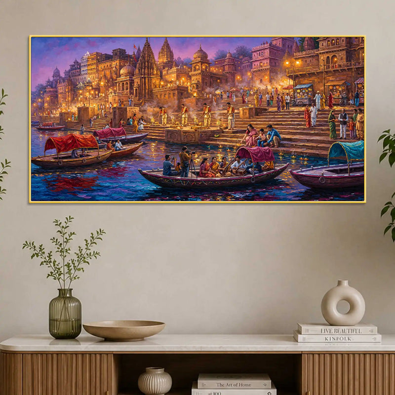 Varanasi Evening Ghat Boat Scene Canvas Painting for Home Decoration