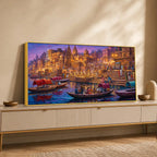 Varanasi Evening Ghat Boat Scene Canvas Painting for Home Decoration