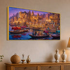 Varanasi Evening Ghat Boat Scene Canvas Painting for Home Decoration
