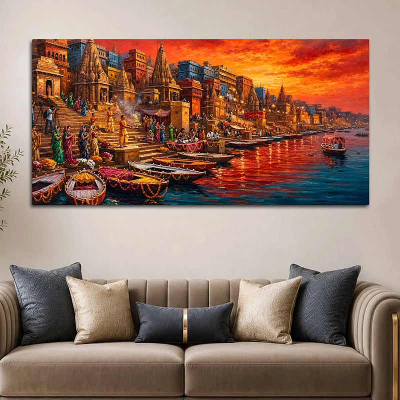 Varanasi Ganga Ghat Cultural Canvas Wall Décor Painting