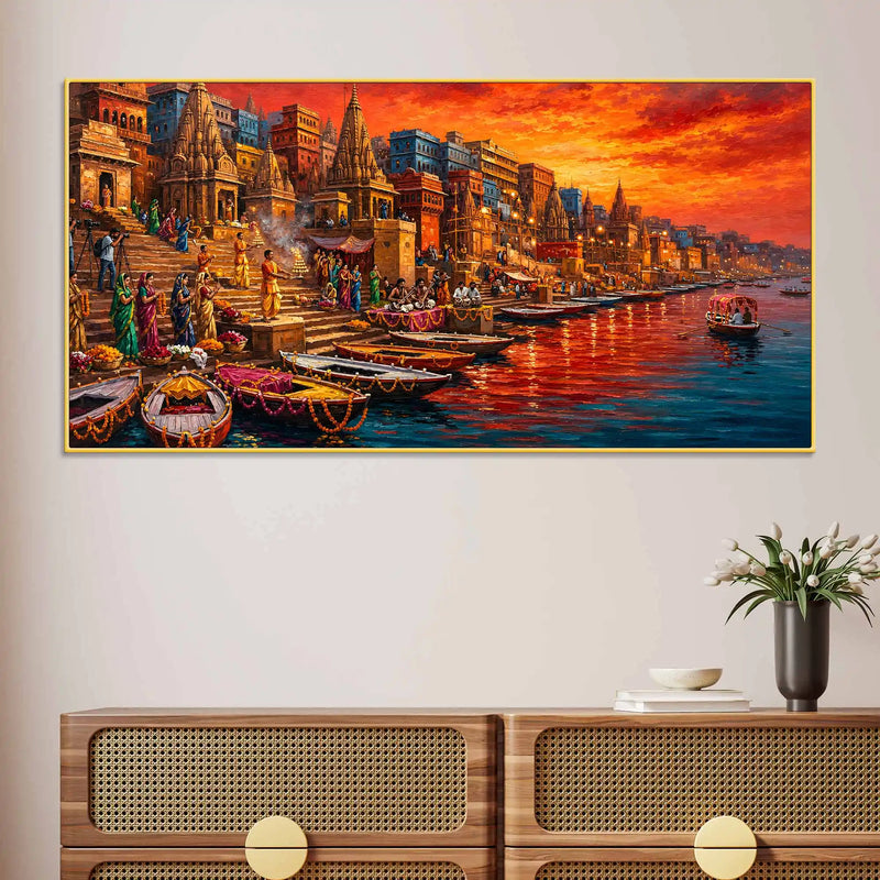 Varanasi Ganga Ghat Cultural Canvas Wall Décor Painting