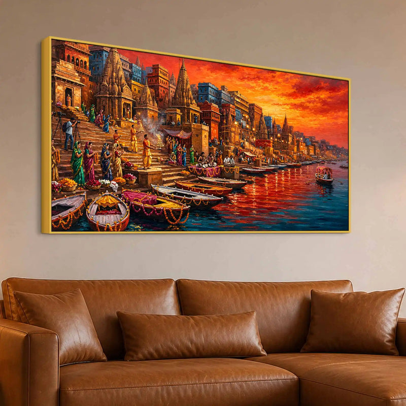 Varanasi Ganga Ghat Cultural Canvas Wall Décor Painting