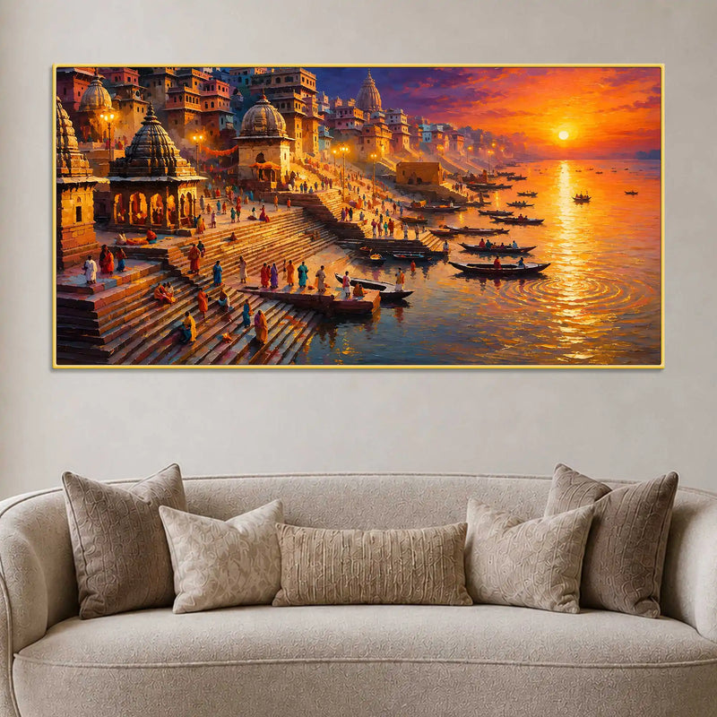 Varanasi Ganga Ghat Sunset Canvas Wall Painting