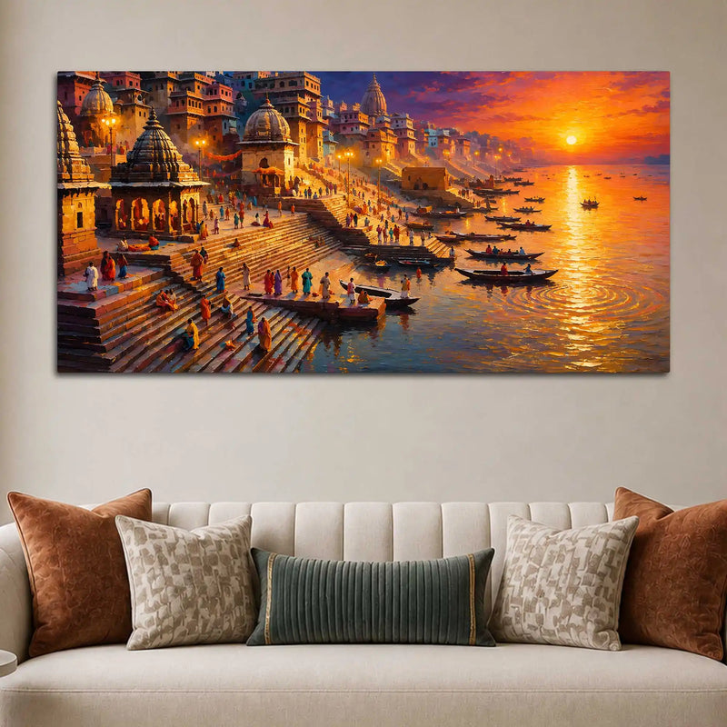 Varanasi Ganga Ghat Sunset Canvas Wall Painting