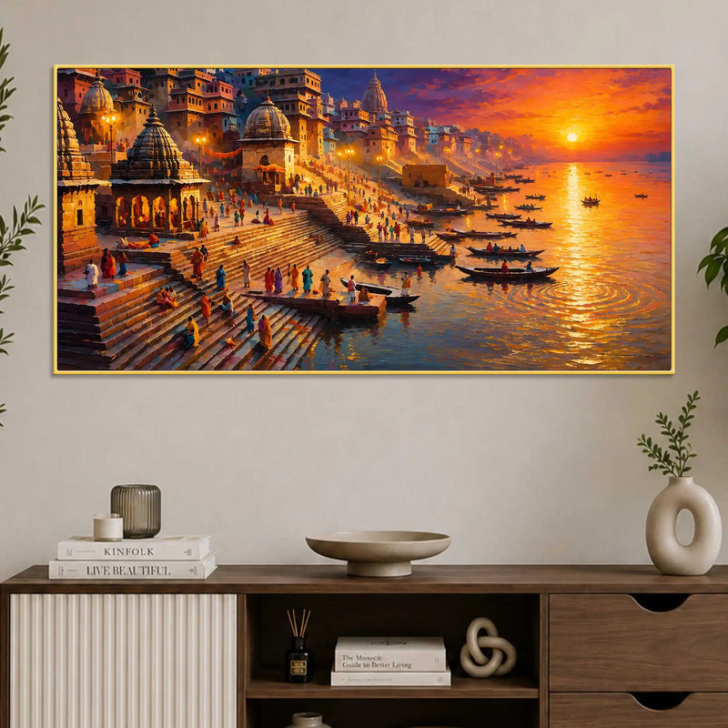 Varanasi Ganga Ghat Sunset Canvas Wall Painting
