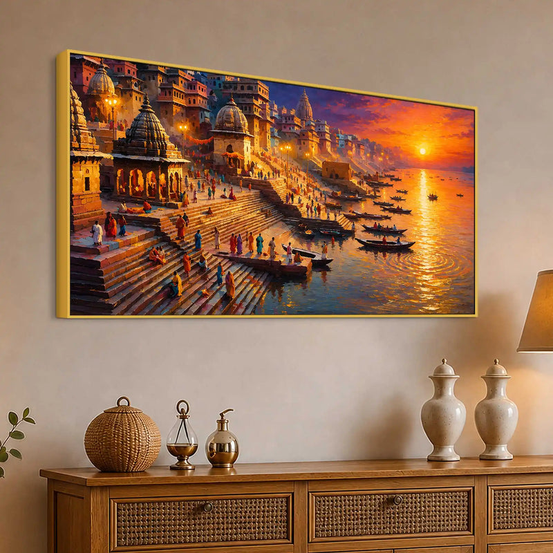 Varanasi Ganga Ghat Sunset Canvas Wall Painting