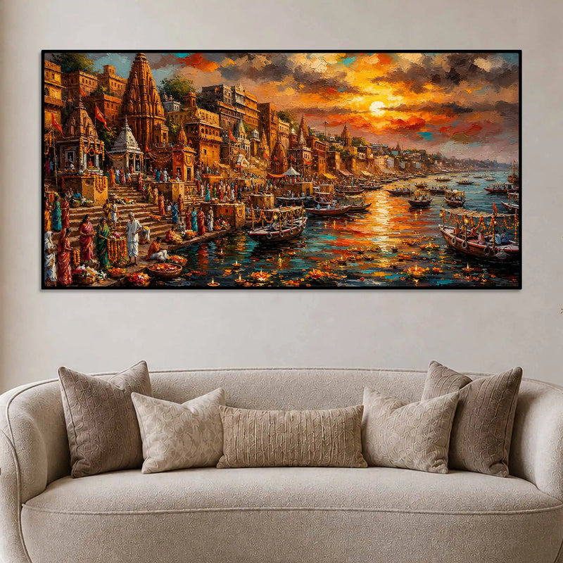 Varanasi Ganga River Scene Canvas Painting for Home and Office Wall Décor