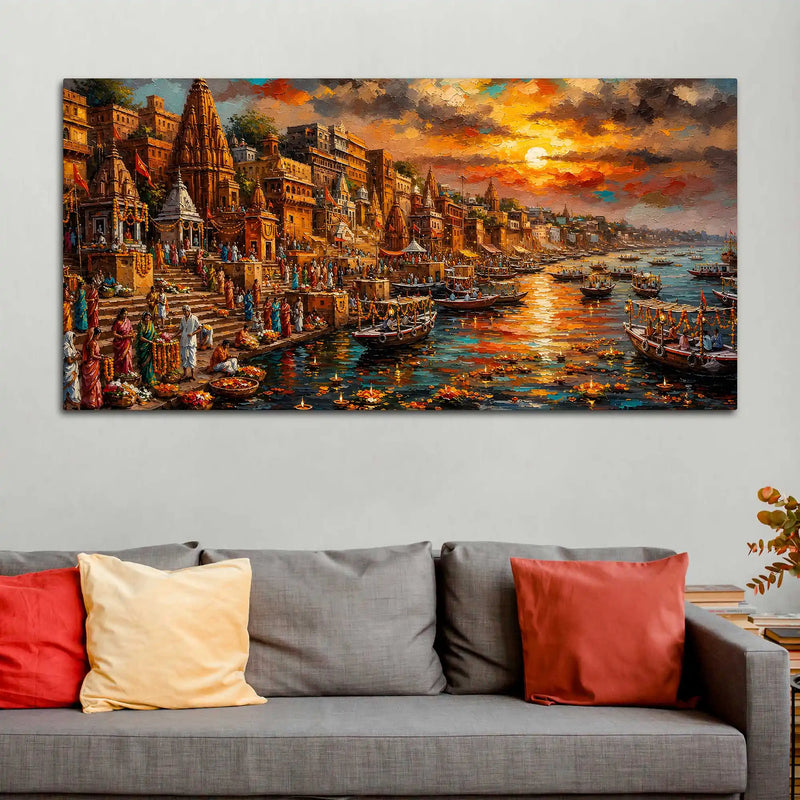 Varanasi Ganga River Scene Canvas Painting for Home and Office Wall Décor