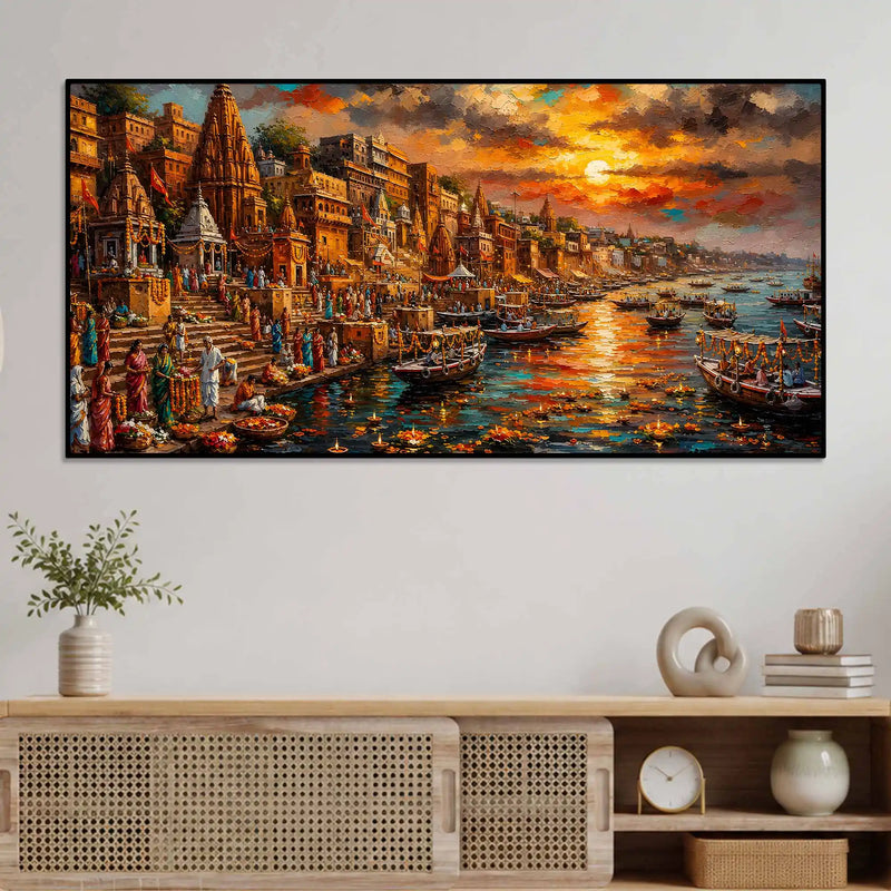 Varanasi Ganga River Scene Canvas Painting for Home and Office Wall Décor