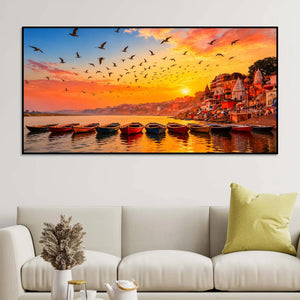 Varanasi Ghat Sunrise and Birds Canvas Painting for Living Room Wall Décor