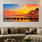 Varanasi Ghat Sunrise and Birds Canvas Painting for Living Room Wall Décor