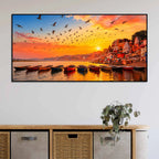 Varanasi Ghat Sunrise and Birds Canvas Painting for Living Room Wall Décor