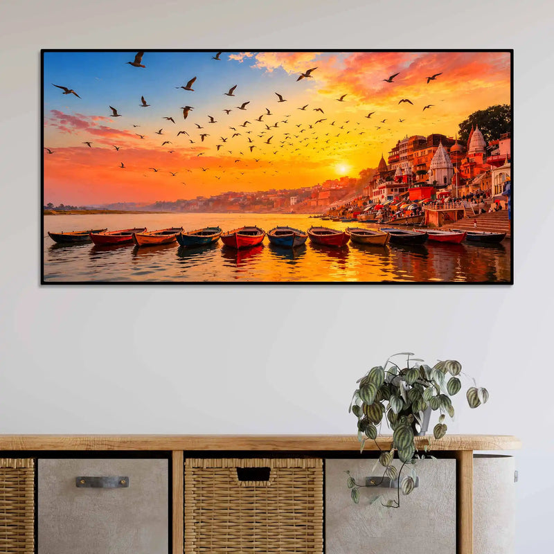 Varanasi Ghat Sunrise and Birds Canvas Painting for Living Room Wall Décor