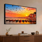 Varanasi Ghat Sunrise and Birds Canvas Painting for Living Room Wall Décor