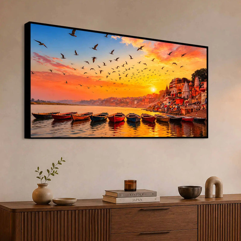Varanasi Ghat Sunrise and Birds Canvas Painting for Living Room Wall Décor
