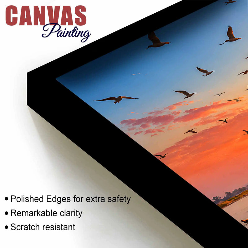 Varanasi Ghat Sunrise and Birds Canvas Painting for Living Room Wall Décor