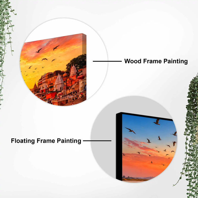 Varanasi Ghat Sunrise and Birds Canvas Painting for Living Room Wall Décor