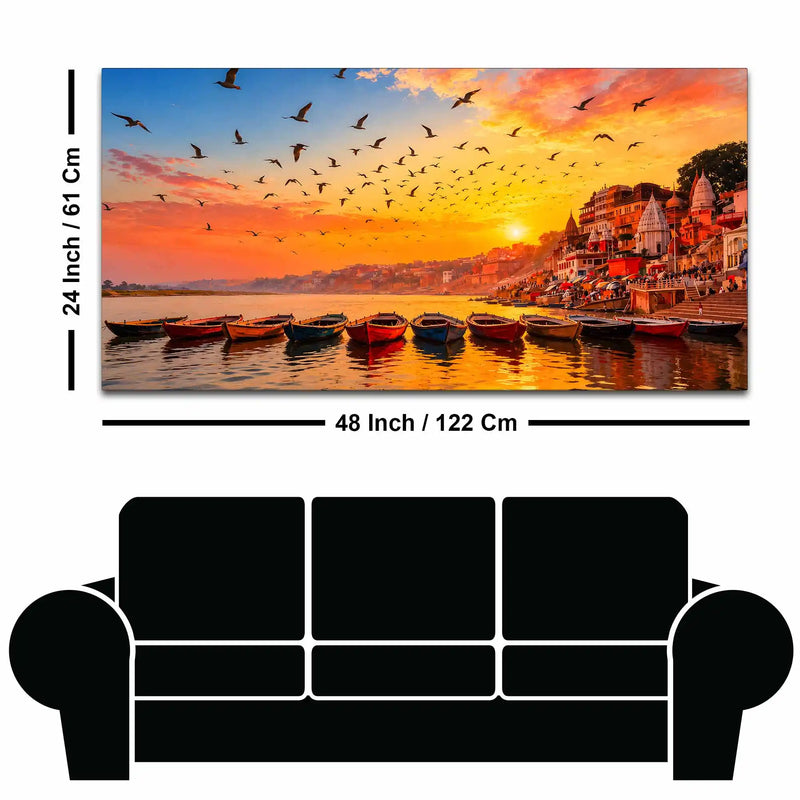 Varanasi Ghat Sunrise and Birds Canvas Painting for Living Room Wall Décor