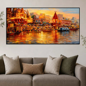 Varanasi Ghat Sunset Canvas Painting for Home Wall Decoration
