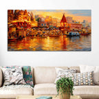 Varanasi Ghat Sunset Canvas Painting for Home Wall Decoration