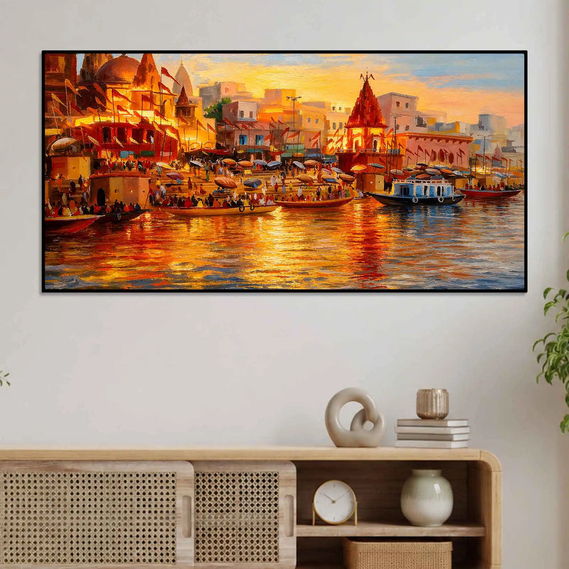 Varanasi Ghat Sunset Canvas Painting for Home Wall Decoration