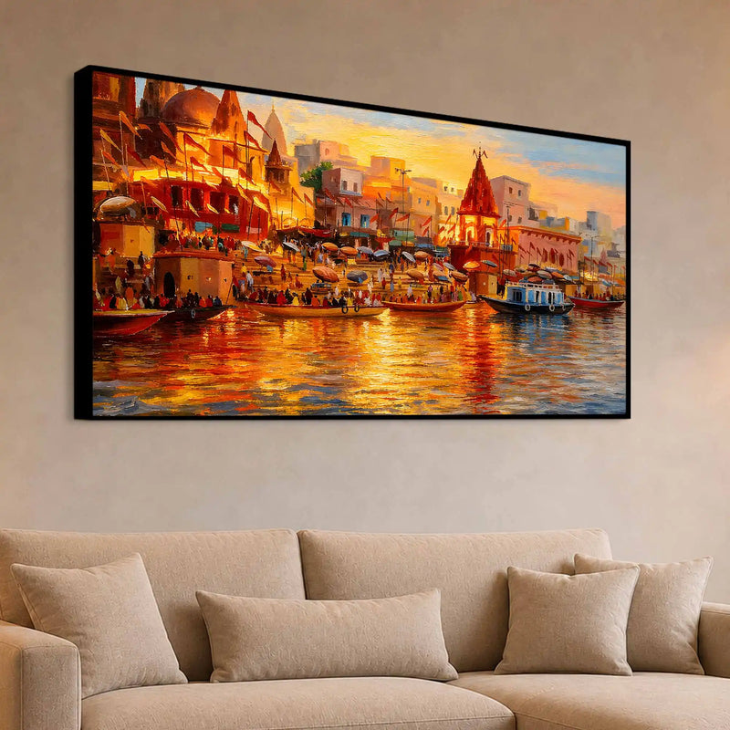 Varanasi Ghat Sunset Canvas Painting for Home Wall Decoration