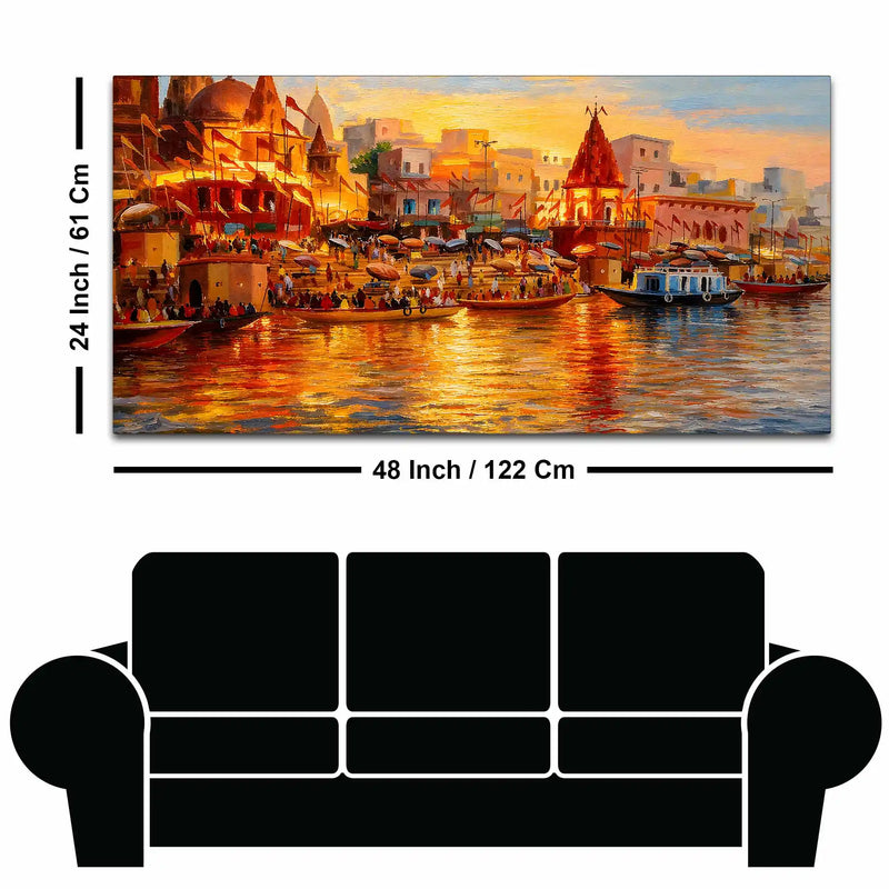Varanasi Ghat Sunset Canvas Painting for Home Wall Decoration