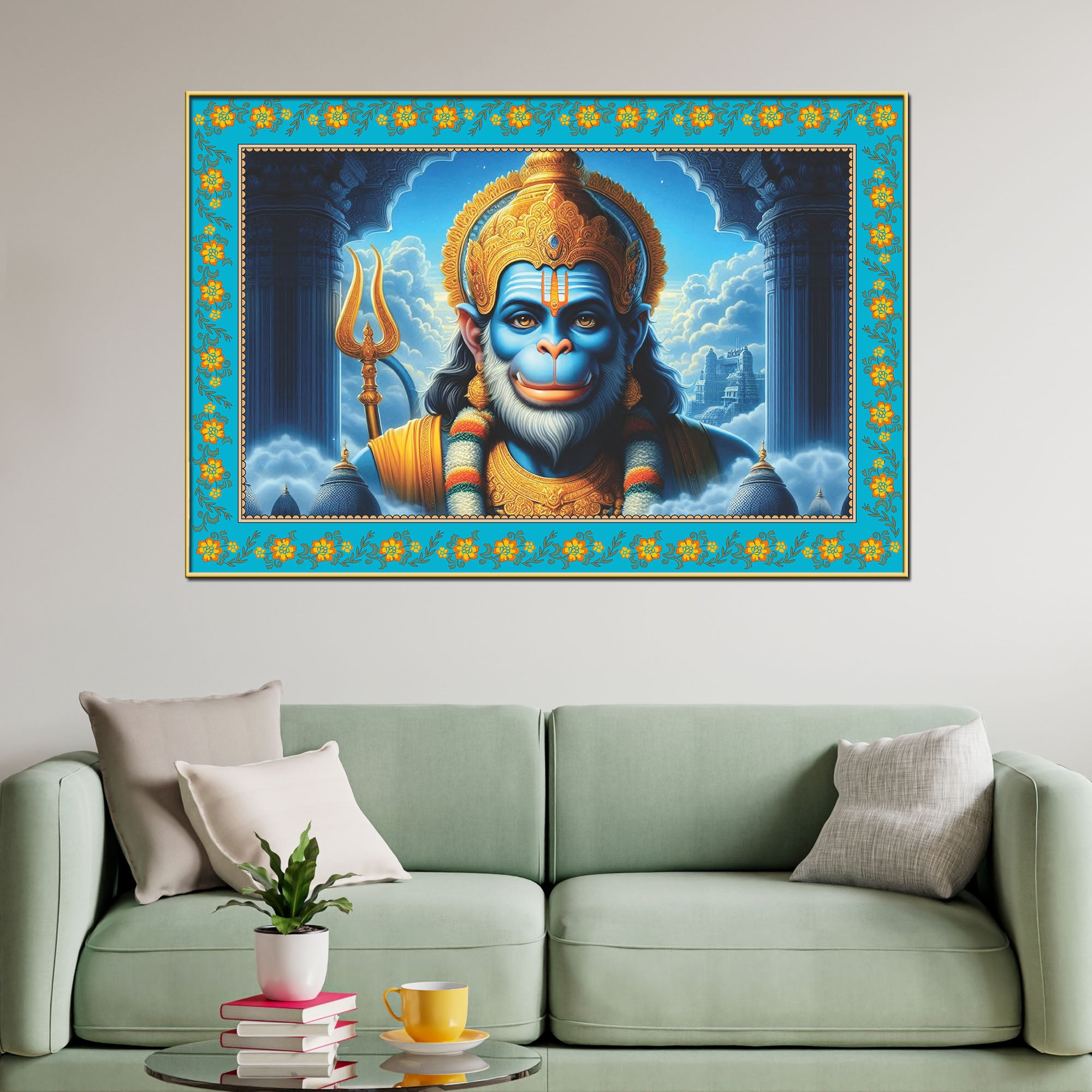 Veer Bajrangi Hanuman Floral Border Canvas Wall Painting