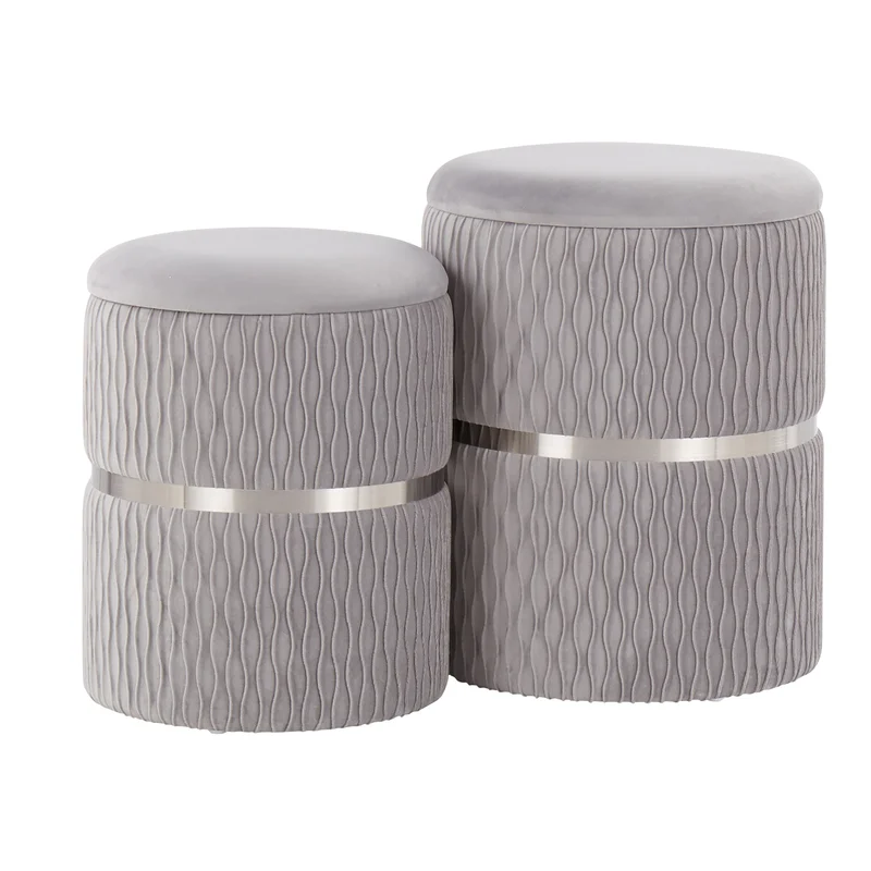 Velvet Grey Color Round Storage Ottoman with Storage Set of 2