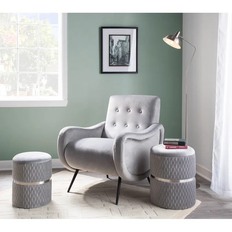 Velvet Grey Color Round Storage Ottoman with Storage Set of 2