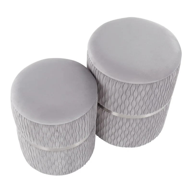 Velvet Grey Color Round Storage Ottoman with Storage Set of 2