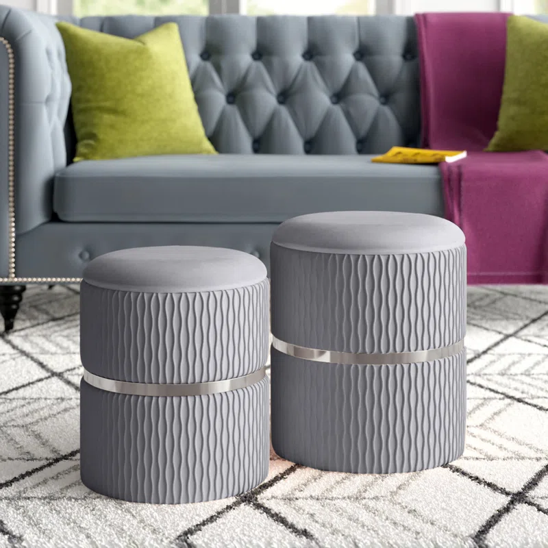 Velvet Grey Color Round Storage Ottoman with Storage Set of 2