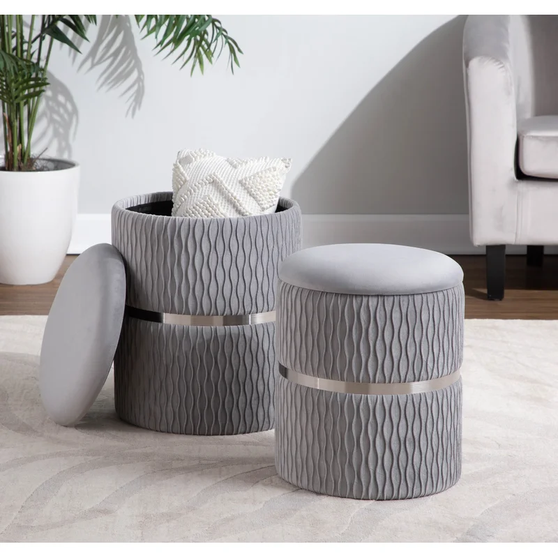 Velvet Grey Color Round Storage Ottoman with Storage Set of 2