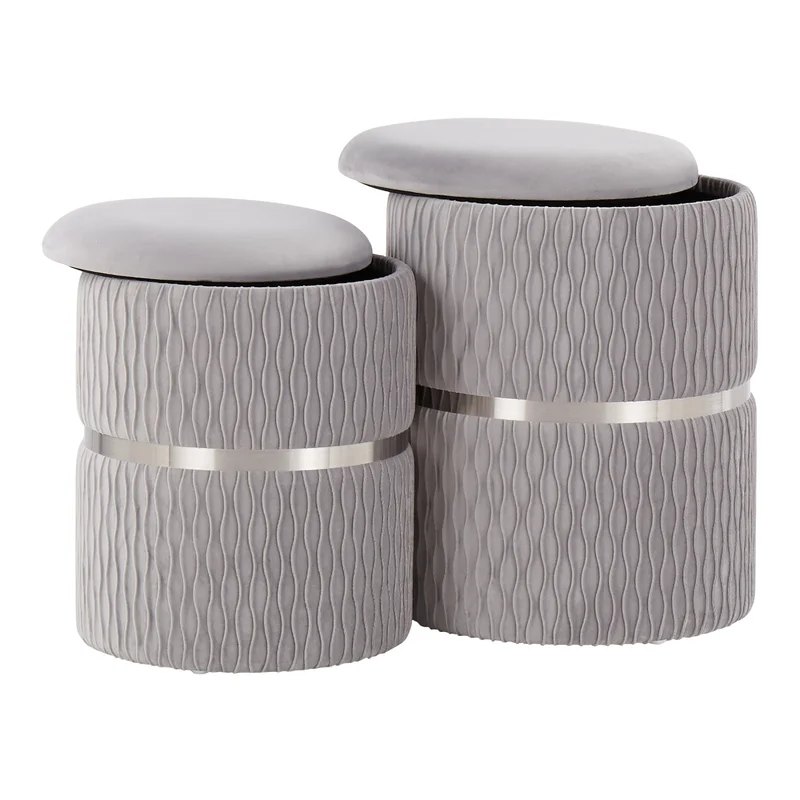 Velvet Grey Color Round Storage Ottoman with Storage Set of 2