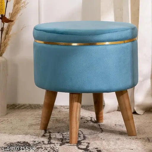 Velvet Round Blue Color Ottoman Chair with Wooden Legs