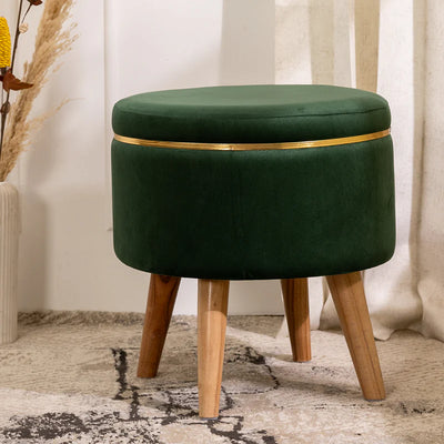 Velvet Round Rich Green Ottoman Chair with Wooden Legs