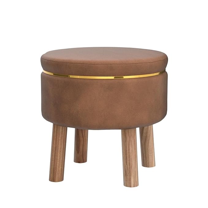 Velvet Round Tan Brown Ottoman Chair with Wooden Legs