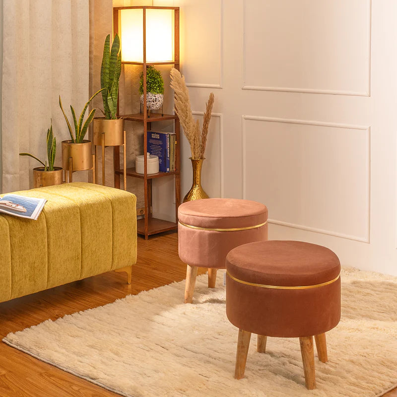 Velvet Round Tan Brown Ottoman Chair with Wooden Legs