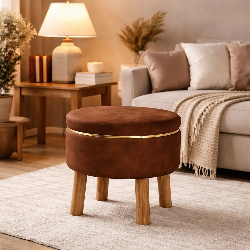 velvet-round-tan-brown-ottoman-chair-with-wooden-legs
