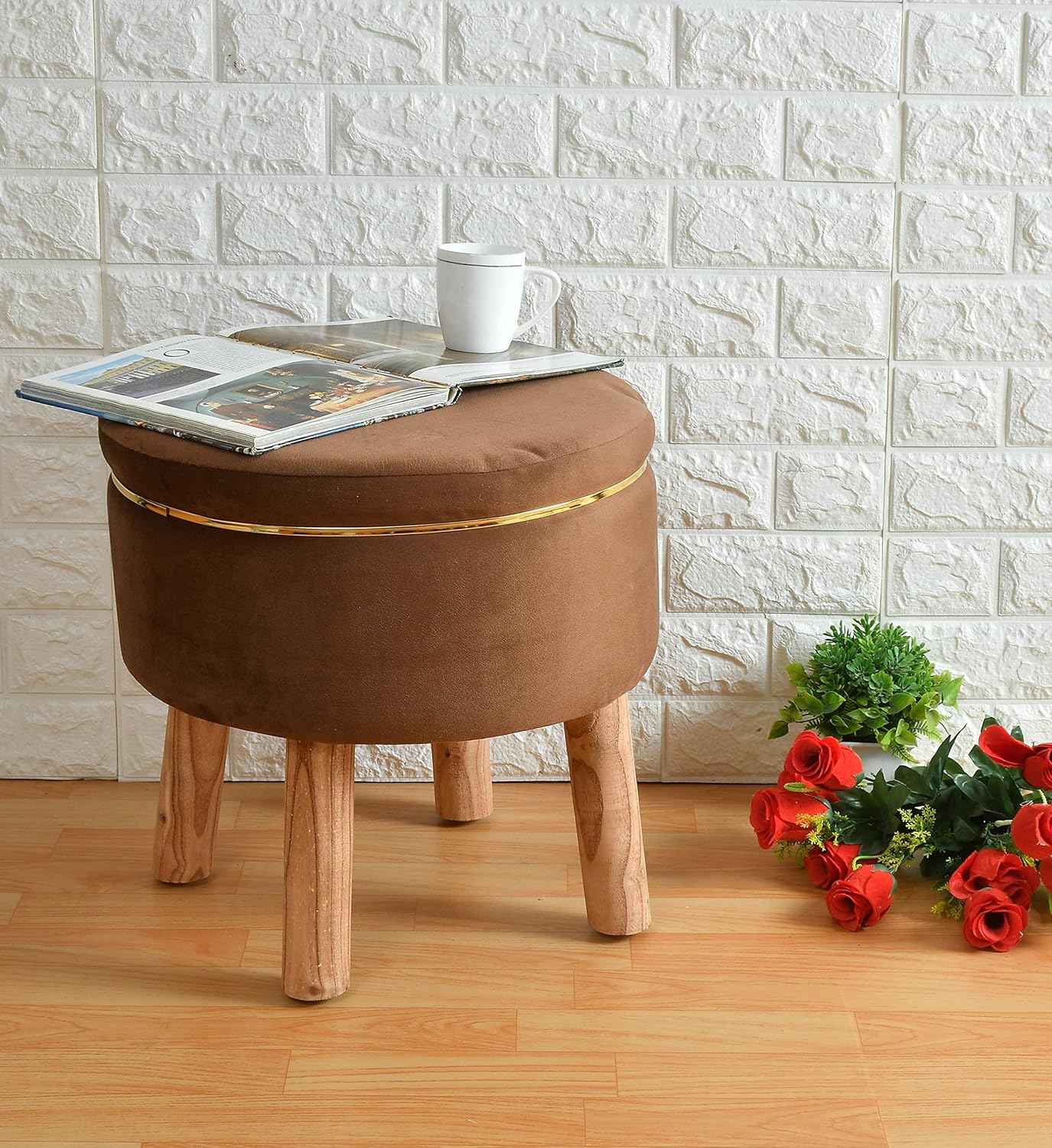 Velvet Round Tan Brown Ottoman Chair with Wooden Legs
