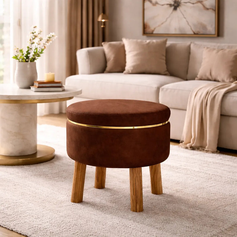 velvet-round-tan-brown-ottoman-chair-with-wooden-legs