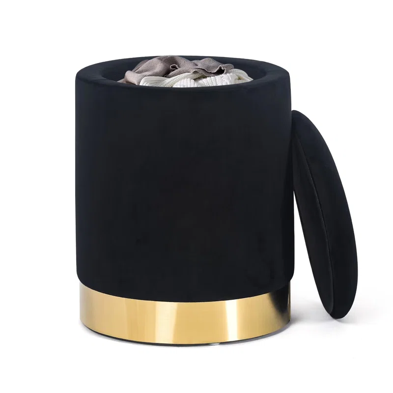 Velvet Rounded Shape Storage Ottoman with Golden Metal Finish