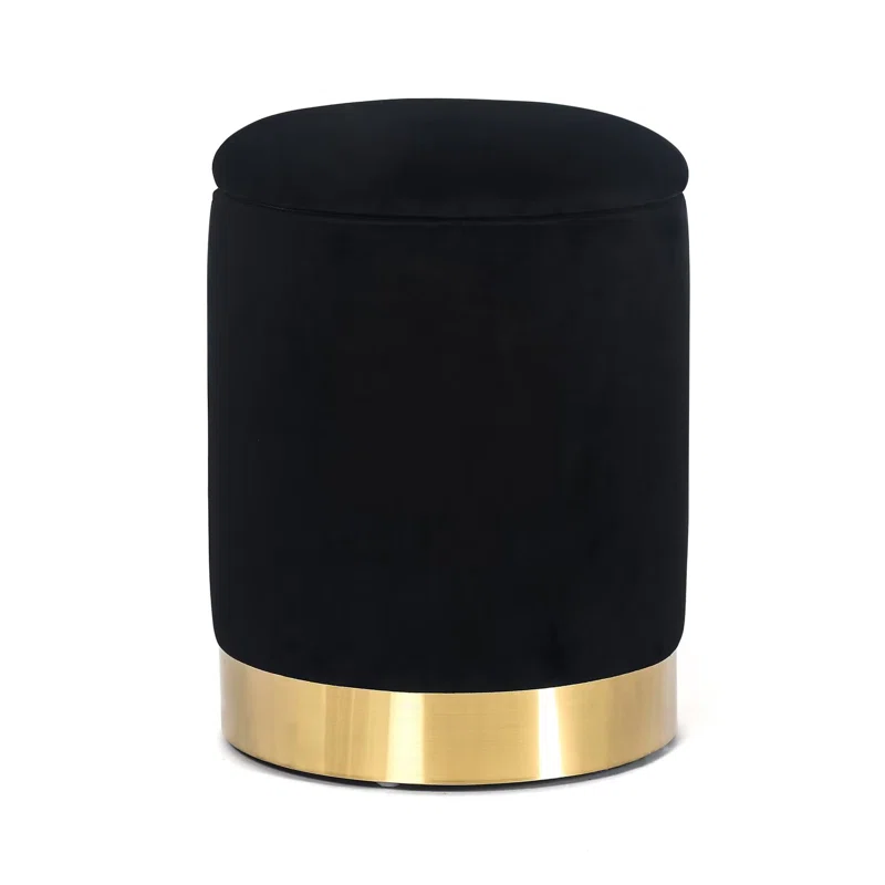 Velvet Rounded Shape Storage Ottoman with Golden Metal Finish